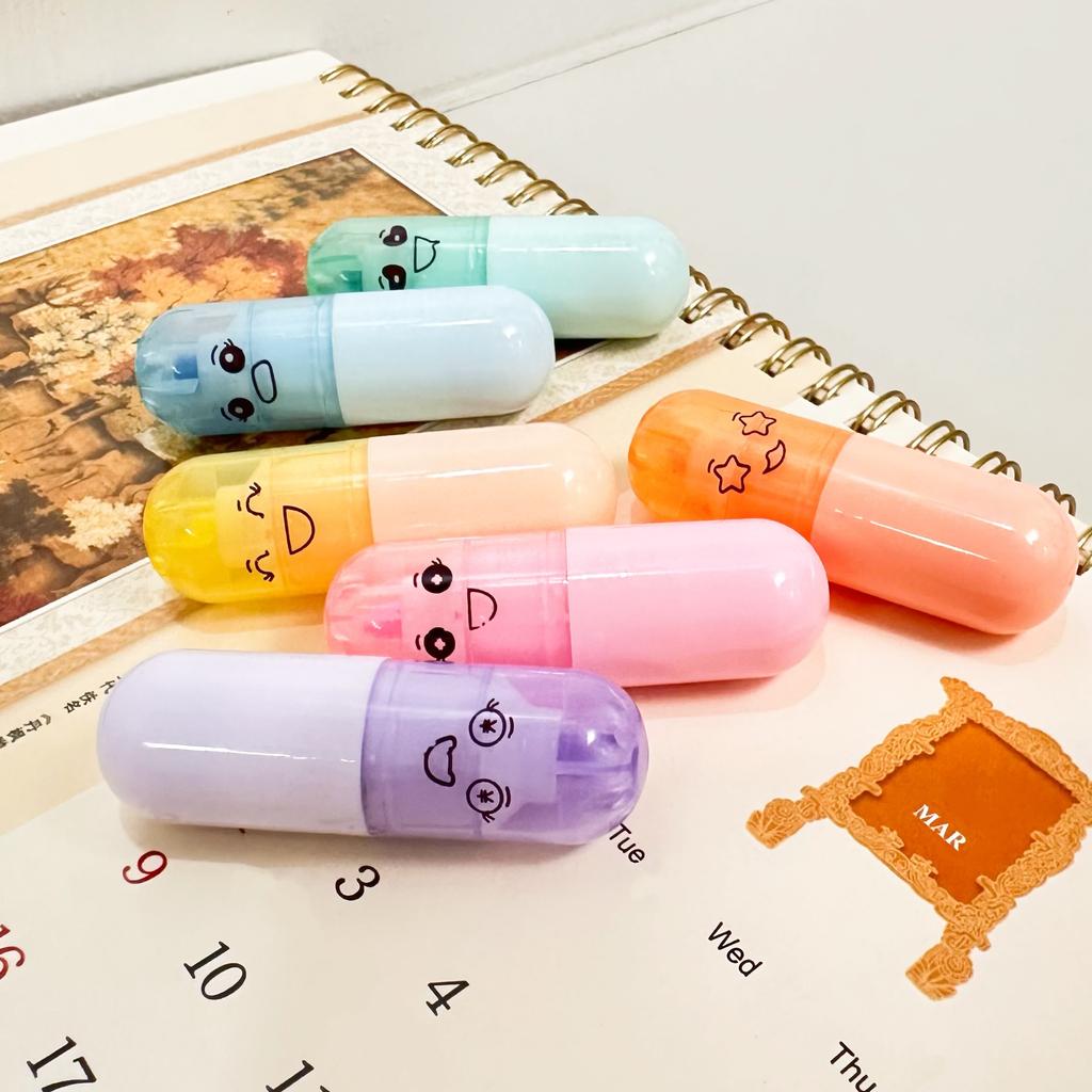6 Pcs Mini Cute Capsule Highlighters Pastel Markers for Notes Drawing Journaling School Office Supplies