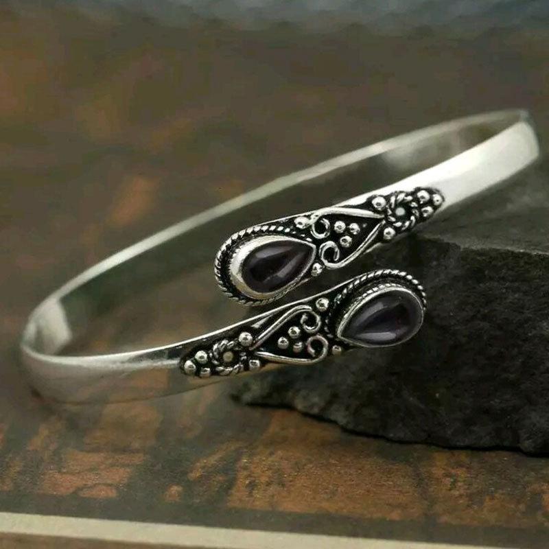 Vintage Ethnic Style Inlaid Imitation Natural Stone Bracelet Elegant Open Adjustable Cuff Bracelet Women Men Party Jewelry