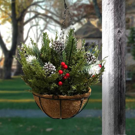 Świąteczne wiszące kosze na zewnątrz Pre-lit sztuczny kosz ze światełkami LED Szyszki jagody do dekoracji świątecznej werandy ogrodu