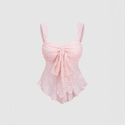 French Lace Jacquard Camisole: Bow Detail, Cinched Waist, Gentle Style.