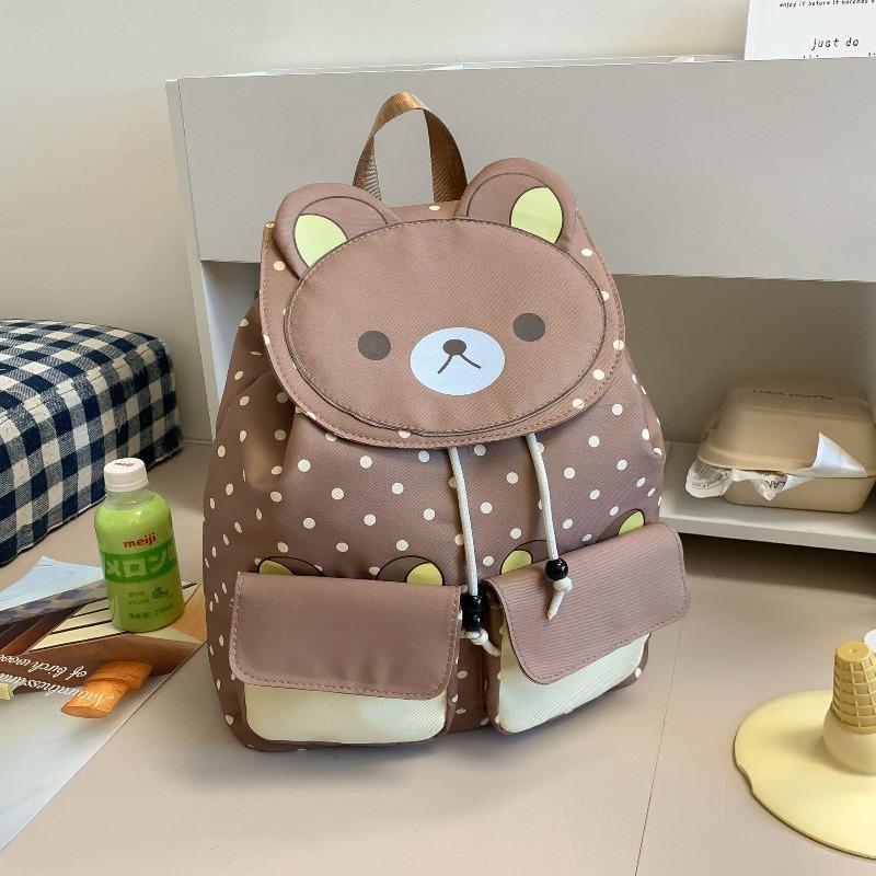 Niedlicher Cartoon Rucksack mit Kordelzug und Klappe, großes Fassungsvermögen, neues braunes Bär Pünktchen Design, Mädchenrucksack