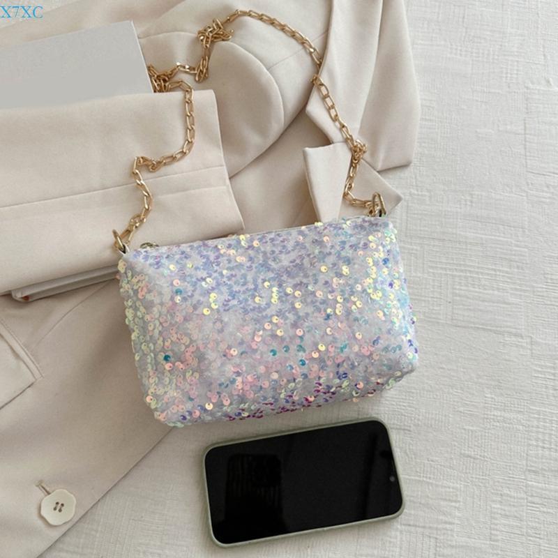 X7XC Sequins Crossbody Bag for Women Chain Strap Shoulder Bag Small Messengers Bag