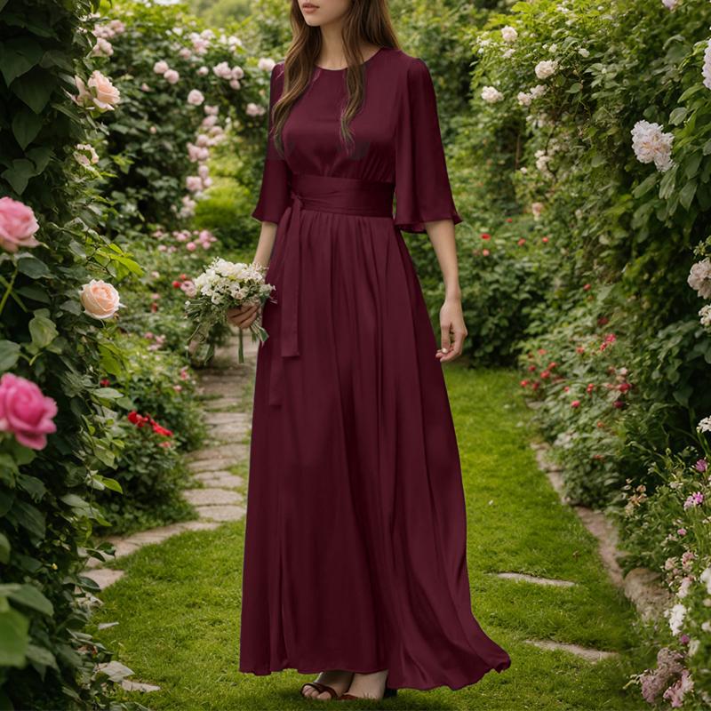 

ZANZEA Женское повседневное платье с круглым вырезом, свободное, с рукавом 3/4, однотонное, длинное S вино красного