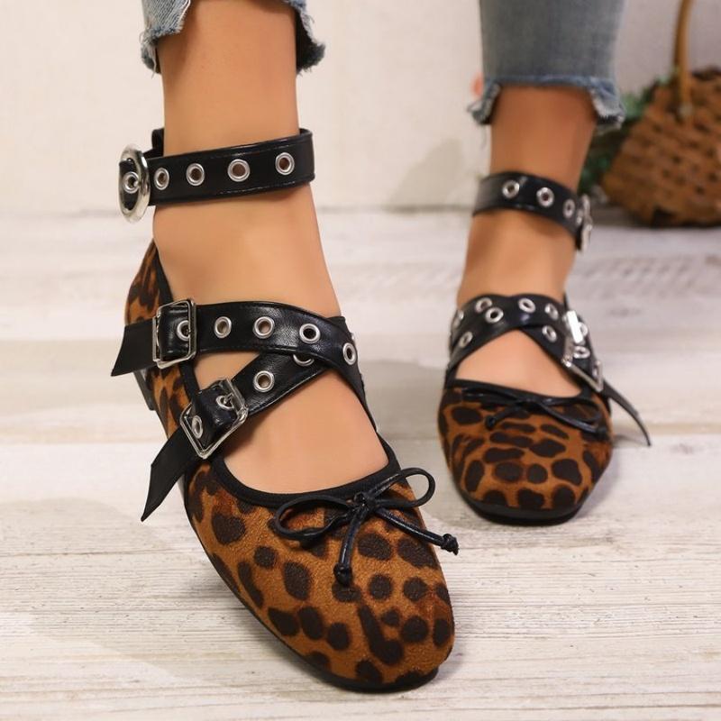 Fashion Fashion Cow Print Lace Up Ballet Flats Woman Brand Design Ankle Buckle Strap Ballerina Shoes Ladies Casual Leopard Canvas Loafer