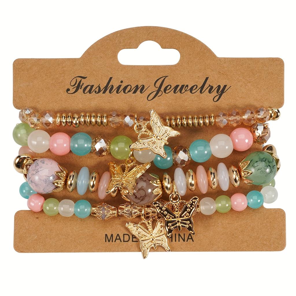 4Pcs Bohemian Butterfly Beaded Bracelets, Crystal Zinc Alloy Pendant, Ladies Daily Party Jewelry