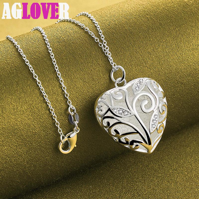 925 Sterling Silver 18 Inch Stereoscopic Heart AAA Zircon Pendant Necklace Jewelry