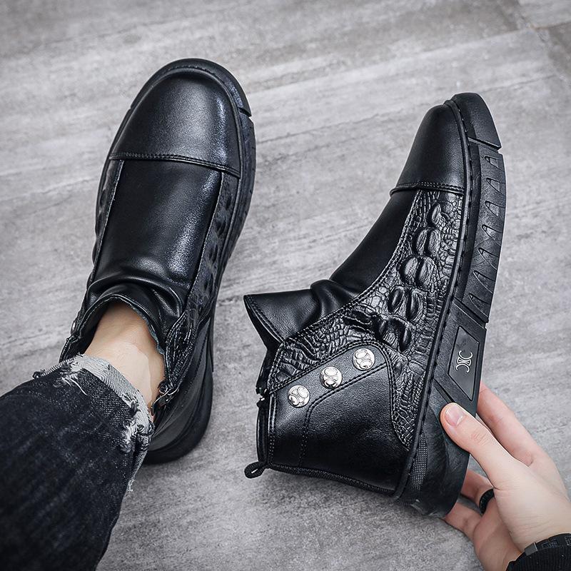 High-top autumn 22 new British style crocodile pattern leather boots sports casual black trendy shoes