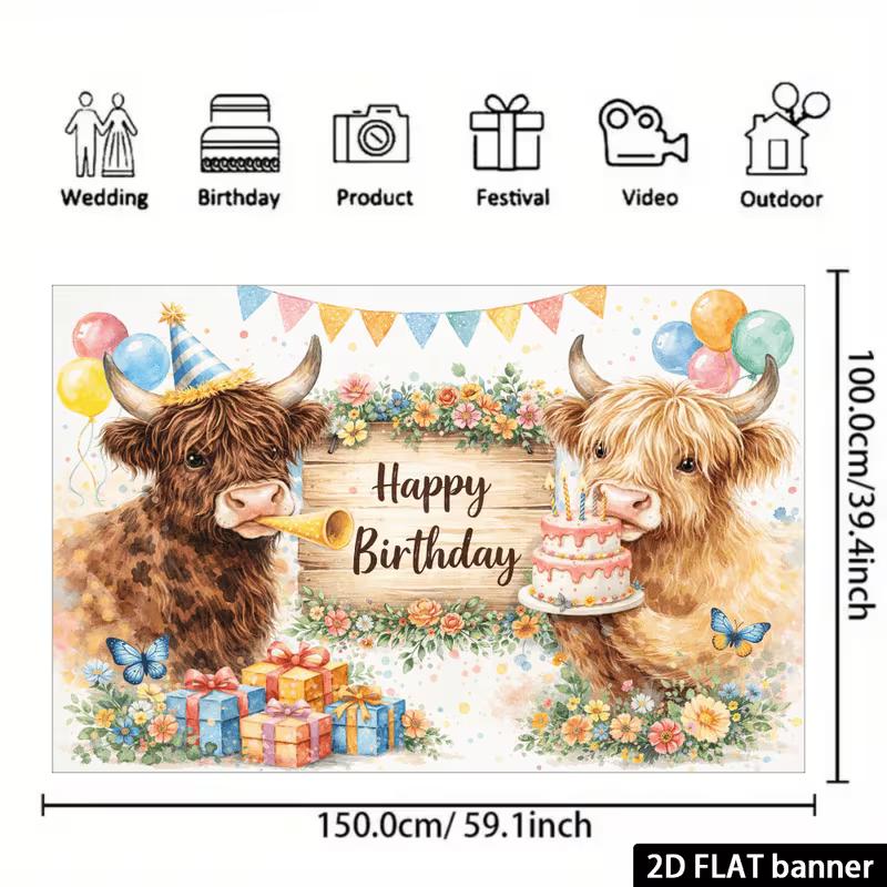 2D Pastel Highland Cow Birthday Backdrop, Floral Farm Animal Party Banner