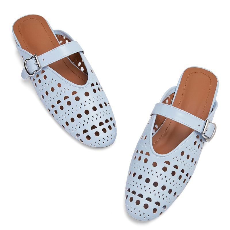 Fashion Summer Belt Buckle Hollow Out Flat Bottom Slippers Comfortable Women Low Heel Commuting Student Shoes Geometric Pattern Sandals