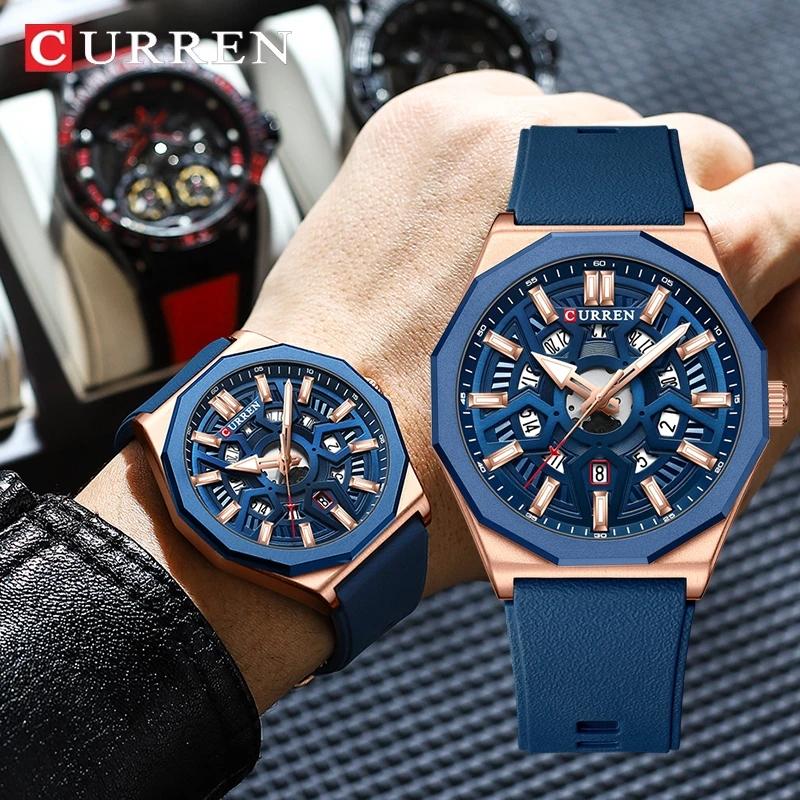 CURREN Mens Watches New Blue Leather Waterproof Luminous Quartz Wrist Watches Luxury Bracelet Men Calendar Watch Relojes Hombre