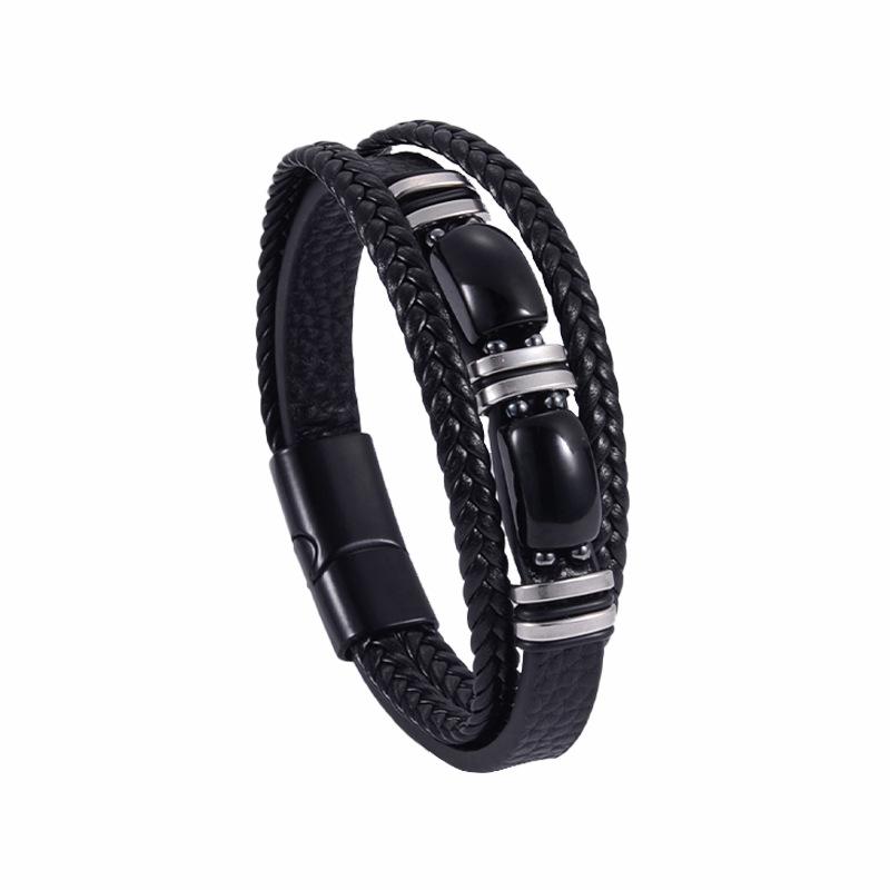 Multi Layer Leather Cord Tiger Eye Stone Bracelet Magnetic Clasp Men's Jewelry