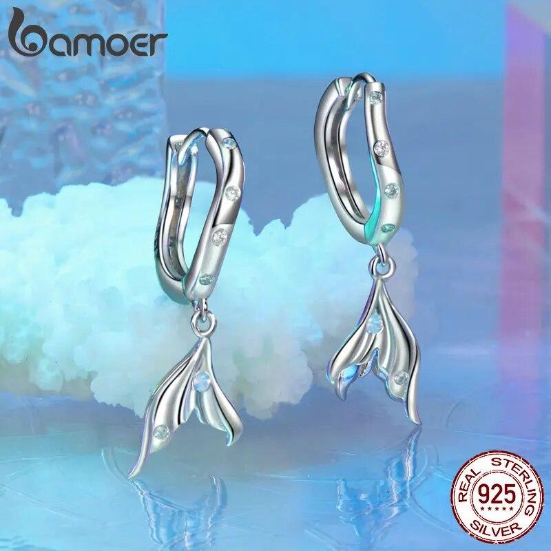 BAMOER 925 Sterling Silver Hoop Earrings for Women, Dainty Gold Plated Earring Hypoallergenic Fish Tail Earring Gift