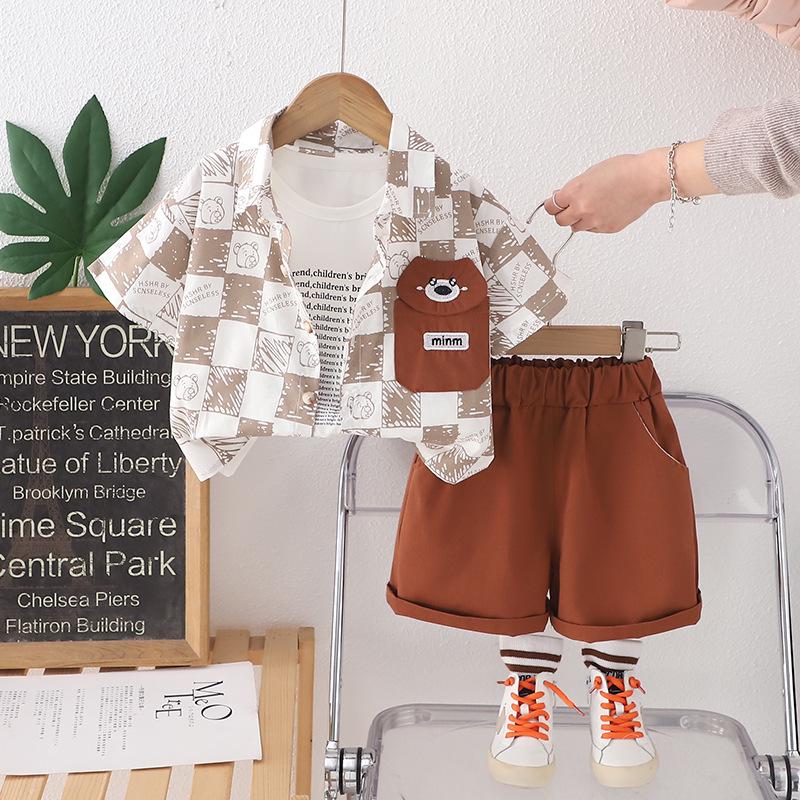 

Комплект из 3 предметов: клетчатая рубашка с коротким рукавом и шорты для мальчиков, лето 2025 120cm светло-коричневого