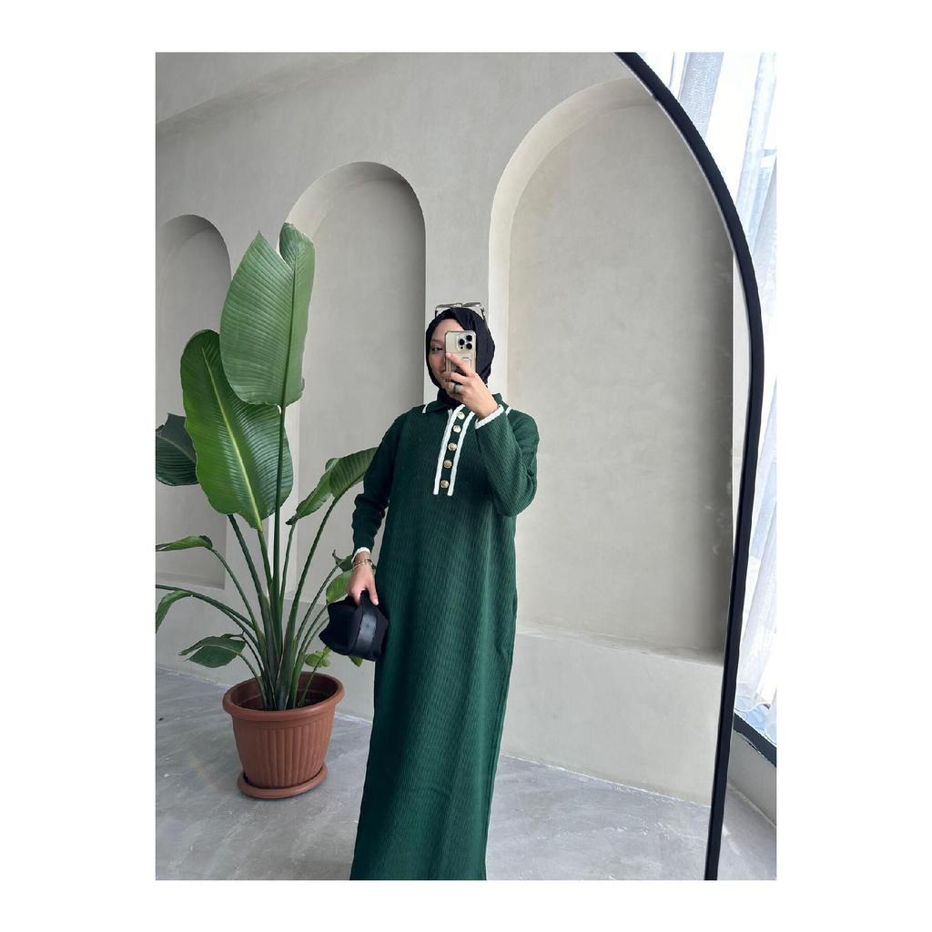 Übergroßes, geknöpftes V-Ausschnitt-Hijab-Kleid aus gerippter Strickware, geripptes langes Winterkleid in voller Länge