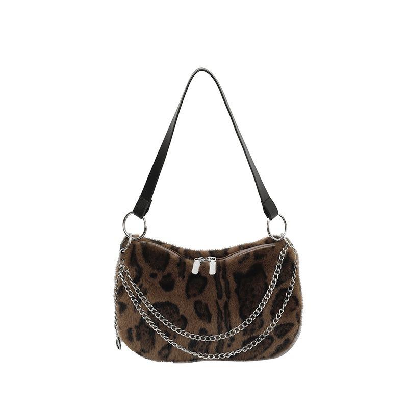 Autumn and winter new personalized leopard print plush contrasting women's tote bag exquisite versatile chain shoulder messenger bag