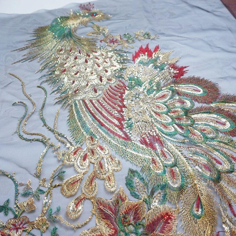 Large Sequined Embroidery Patches DIY 130X60CM Phoenix Birds Applique Embroidery Sequin Lace Applique Wedding Bridal Gown Party