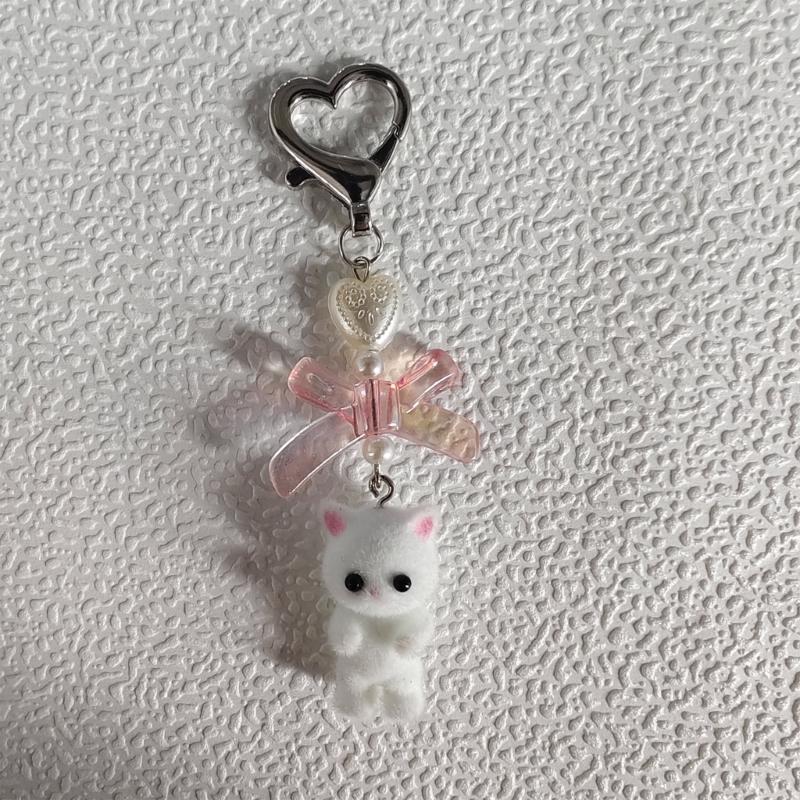 Handmade Bowknot Keychain Bear Cat Pendant Keyring Fashionable Bows Phone Lanyard Ornament Accessory for Keys Bag Purse