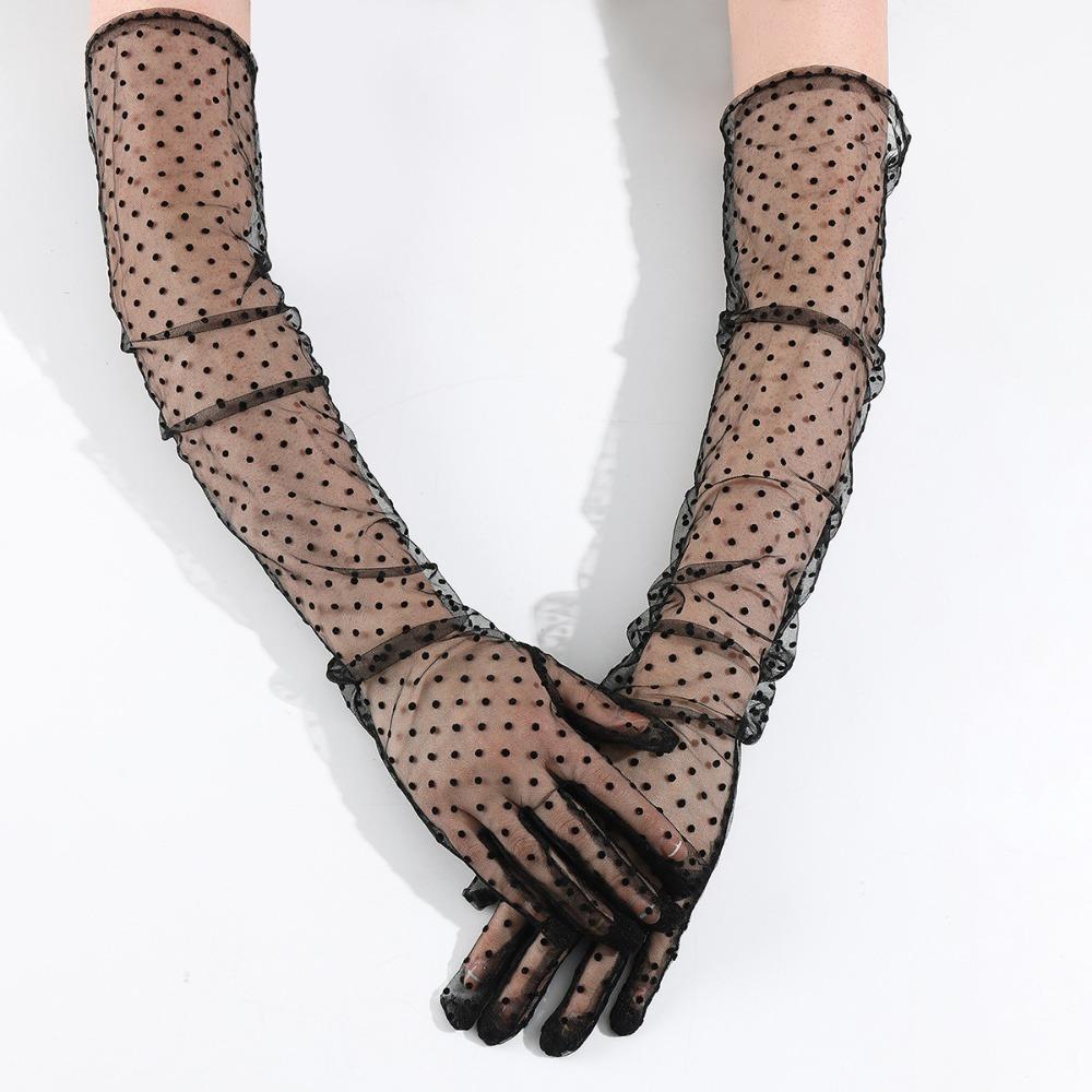 

Summer Mesh Gauze Gloves Ultra Thin Lace Full Finger Mittens for Women Girls Wedding чорний