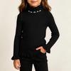 Girls' Color Knit Top with Lace Collar - Casual Pullover for Daily Wear