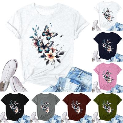 Women's Fashion Printed Casual Pleated Round Short Sleeve T-Shirt Top