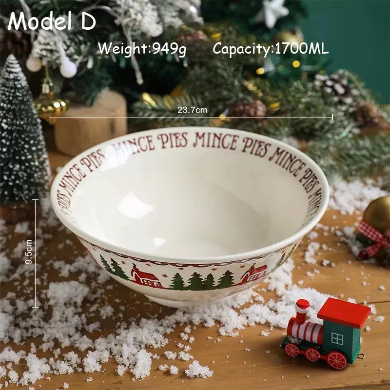 Ceramic Christmas Tableware Set with Handle, Soup Plate, Dinner Utensil, French Letter Cup, Steak Tray, Salad Bowl, Household