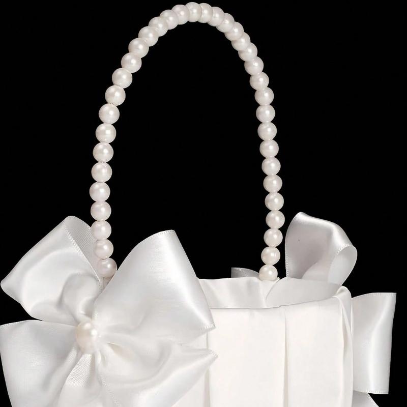 1Pc Bow Faux Pearl Wedding Flower Basket White Bow Flower Basket Satin Flower Basket Suitable For Party Decoration Gifts