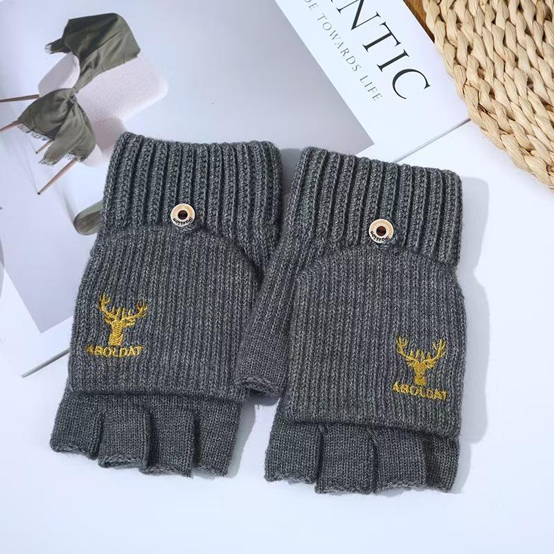 

Перчатки Flip Half Finger с вышивкой зимние утепленные теплые плюс бархатные утолщенные теплые шерстяные вязаные жаккардовые пара average size