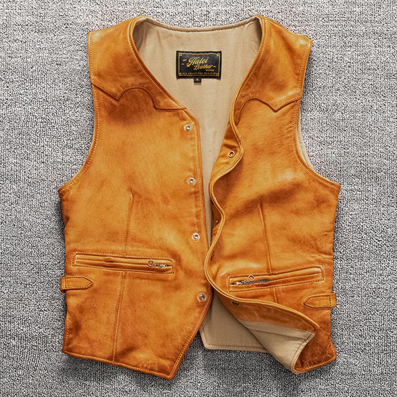 Retro Top Layer Sheepskin Ready-to-wear Heavy-wash Genuine Leather Jacket for Men's Casual Slim Vest Shoulders