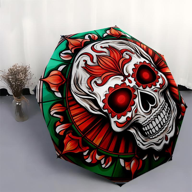 Day of the Dead Sugar Skull Stained  DecorUmbrella, Portable 3-Fold Compact Umbrella,Christmas Gift ES646