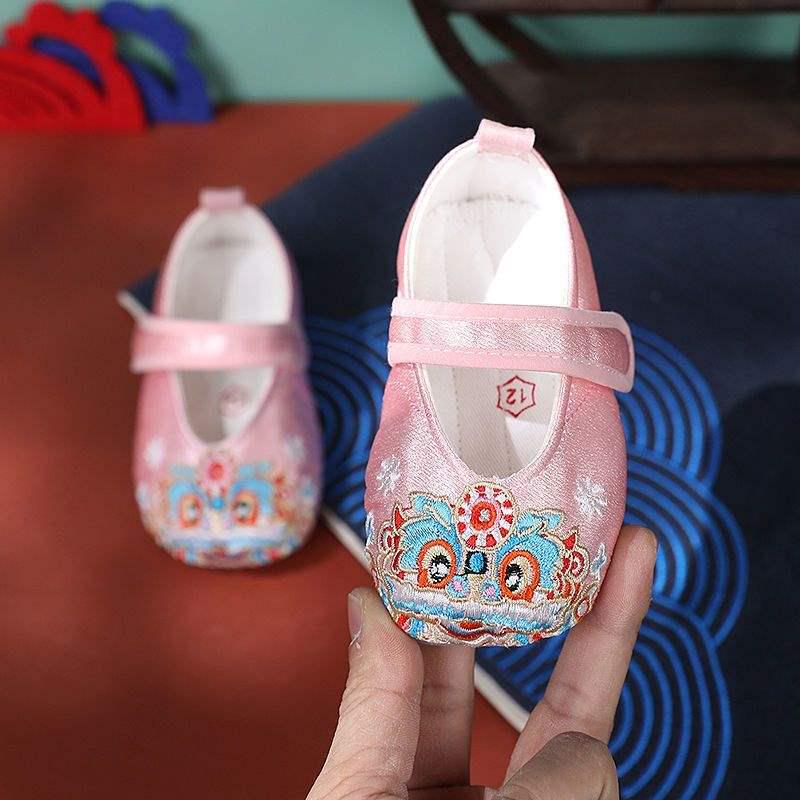 Soft Sole Baby Girl Hanfu Shoes - Red Tiger Head Ethnic Style for Toddlers