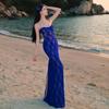 Blaues Hosenträgerkleid Damen Senior Promi-Kleid Abendkleid Sexy Neckholder Hüftumhüllung Langes Kleid Geburtstags-Kleid