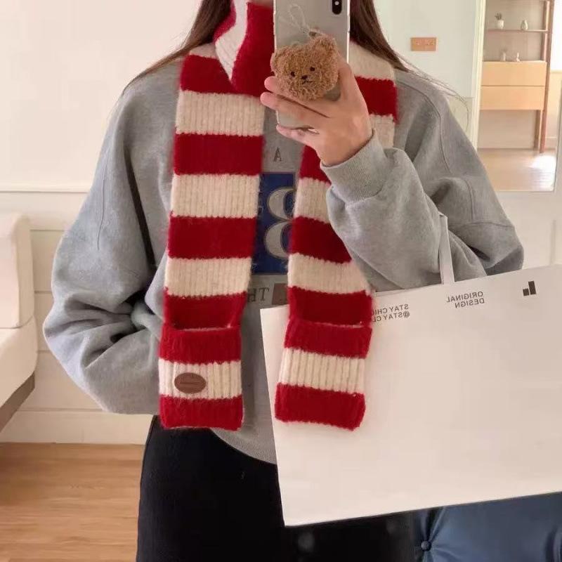 Winter Korean Style Scarf for Women Japanese Style Contrasting Stripes Versatile Simple Retro Wool Blended Knitted Warm Scarf for Men