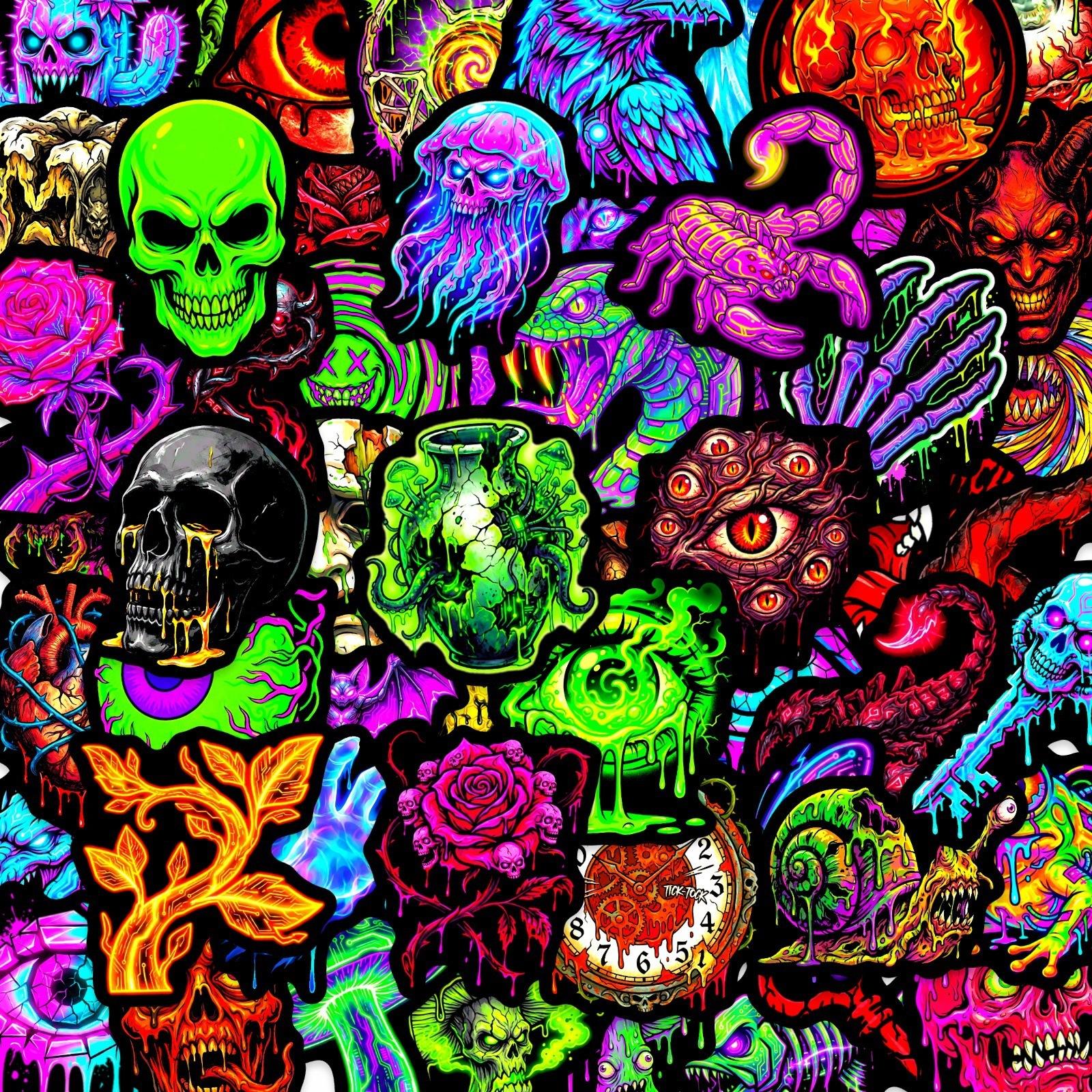 

50 Fluorescent Gothic Scary Stickers Skeleton Demon Animal Monster Tide Different Faces Personality Tide Skateboard Stickers