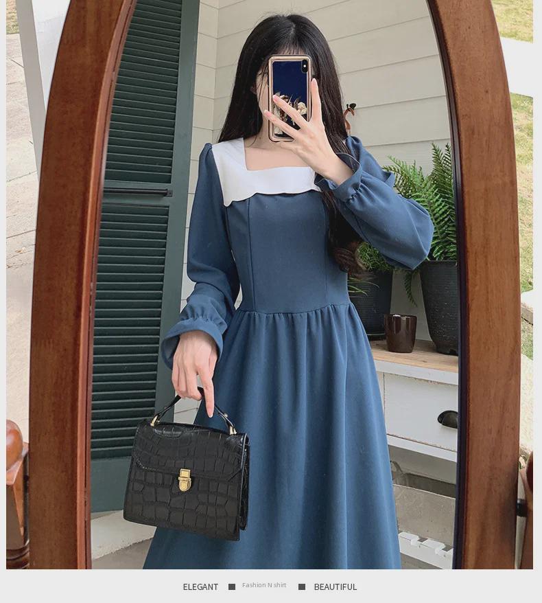 Women's 2024 Spring/Autumn French Style Square Collar Splicing Tea-Length Dress