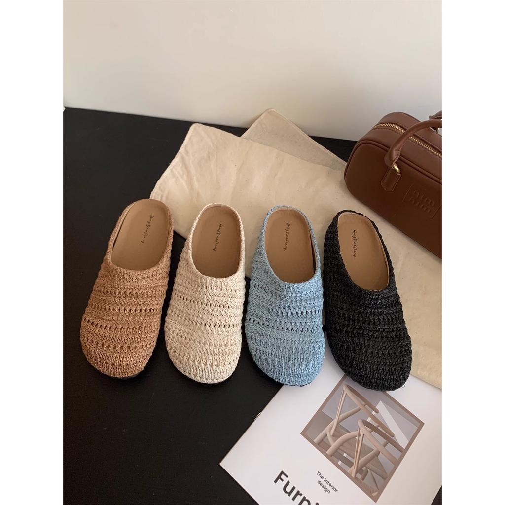 Inner Height Increase Retro Woven Bag Head Half Slippers Women's Shoes Wear New Summer Vacation Sandals