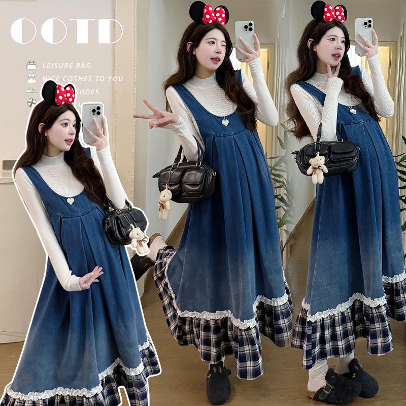 

Autumn Sweet Style Maternity Denim Vest Dress Two-Piece Set 2XL