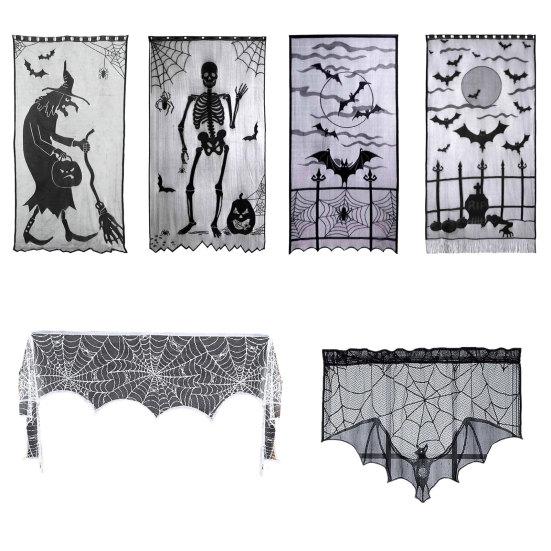 Halloween Türvorhang, Spitze Spinnennetz Kaminabdeckung, Gruseliges Skelett Hexe Fledermaus Druck Fenster Tür Vorhänge für Haus Innen Party Dekoration