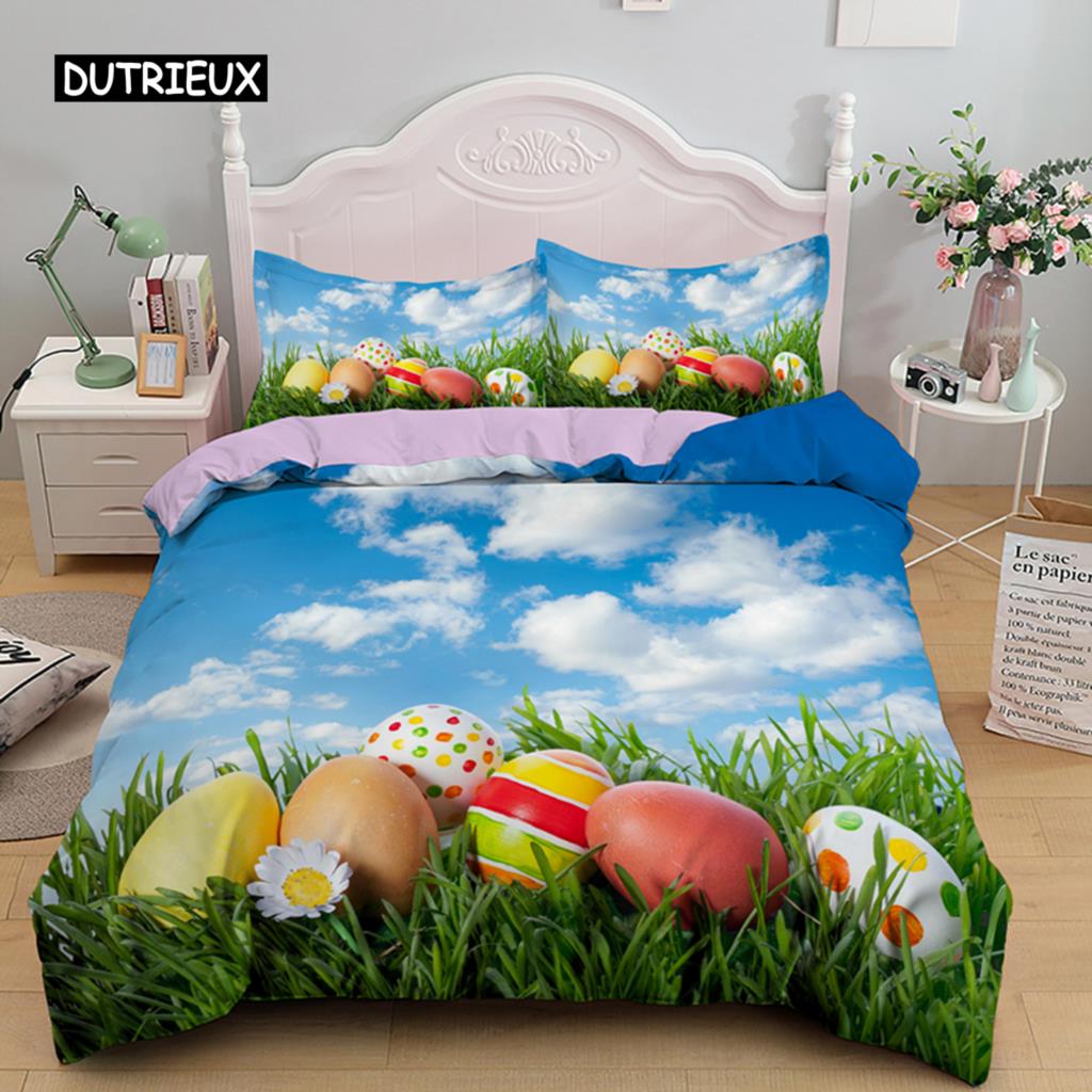 Easter Egg Duvet Cover Set Cartoon Cute Egg Bedding Set Happy Easter Theme Comforter Cover for Kids Teens Microfiber Bedclothes