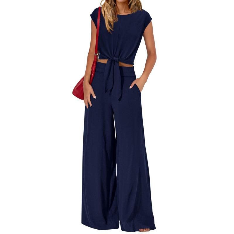 Womens Tie Knot Short Sleeve Top And Wide Leg Pants Two Piece Set