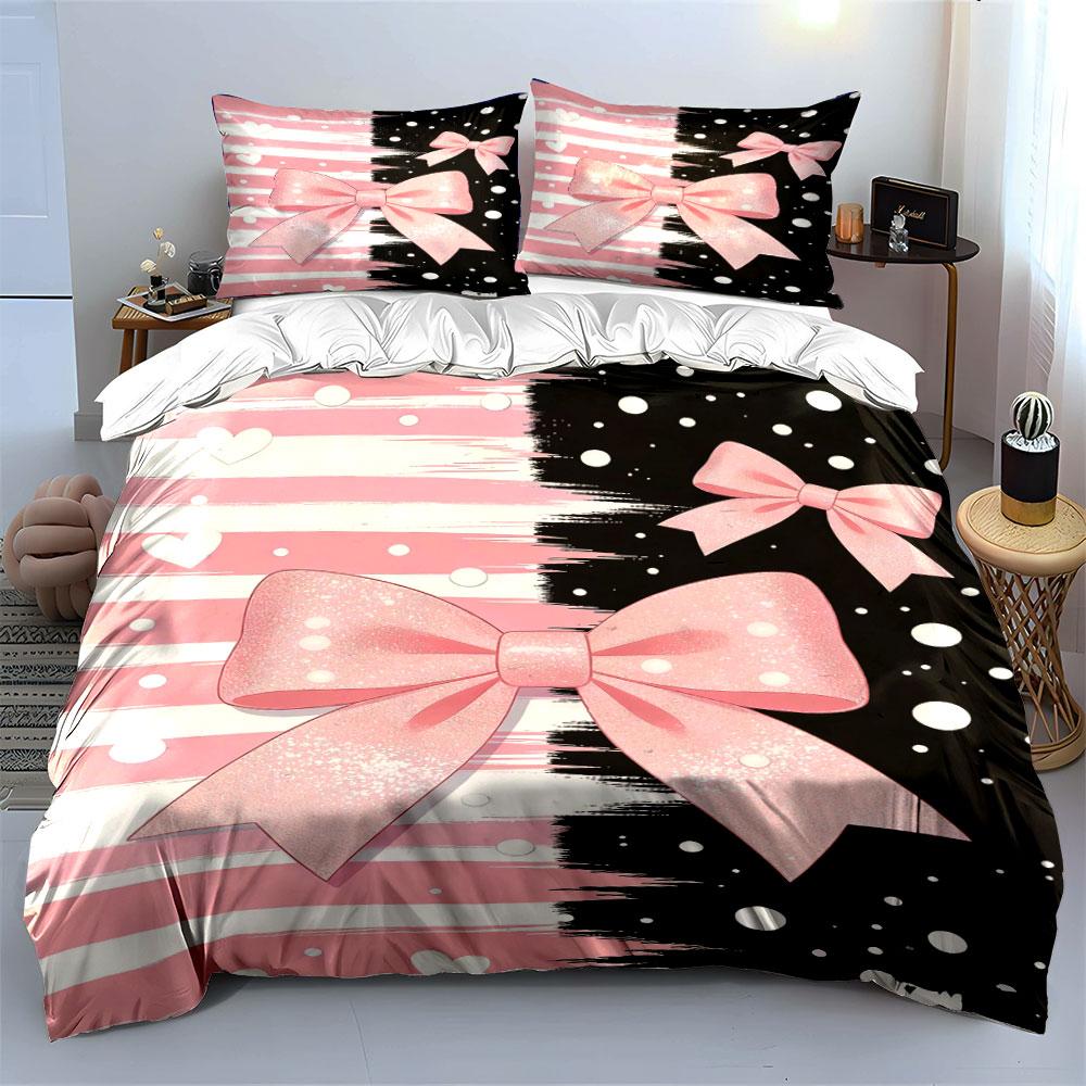 Pink Bows, Stripes, Dots. Bedding Sets Duvet Cover Sets Duvet Covers Pillowcases(1 * Duvet Cover 2 * Pillowcases, Without Duvet Insert)