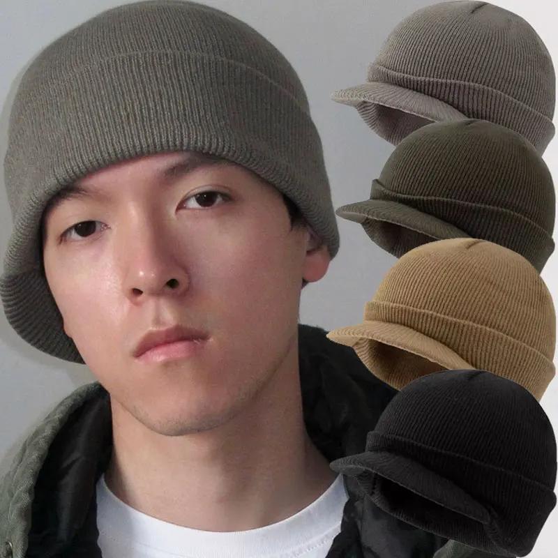 Unisex Winter Knitted Hats Short-brimmed Woolen Army Peaked Caps Knitted Warm Hat Fashion Solid Color Autumn Wool Cap Woman Man