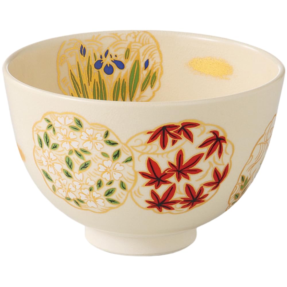 Ninsei Matcha Bowl with Four Seasons Diameter X Height Mino Ware Ale-net Flowers, 12.5cm 7.8cm, Porcelain,