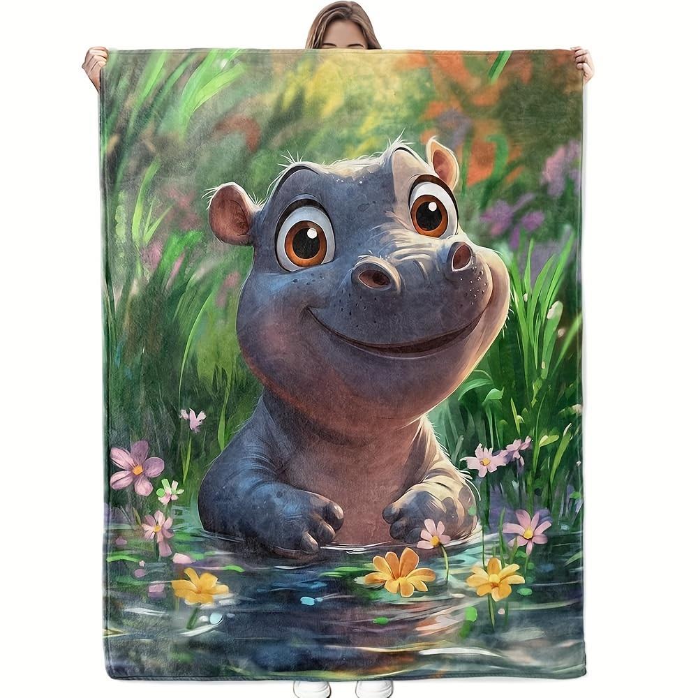 

Cute Cartoon Hippo Fleece Blanket Nature Background Soft Cozy Throw Home Decor for Living Room or Bedroom Gift for Kids40x60 70x100cm28x39in