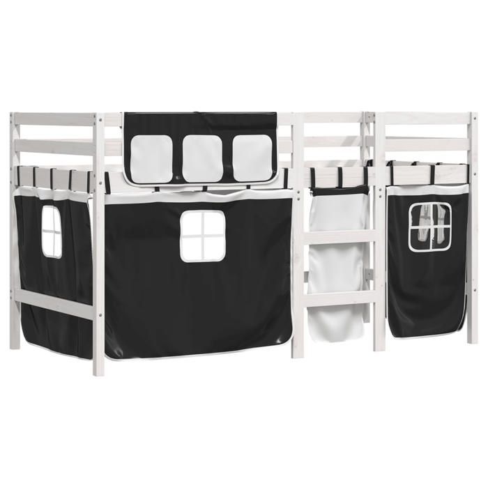 VidaXL Children's Mezzanine Bed and Curtains, Mid Sleeper Bed with Storage, Bedroom Furniture, Modern, White/Black 3283829