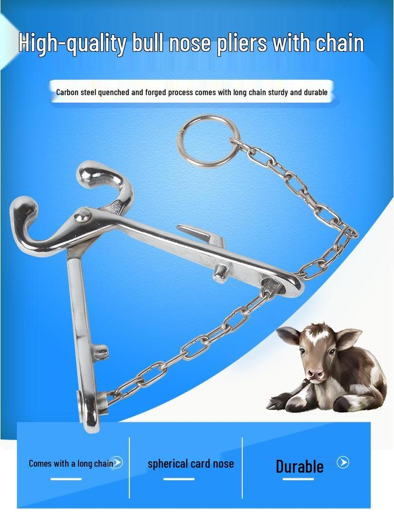 Cattle Nose Pliers with Chain - Stainless Steel Piercing and Restraining Device for Livestock