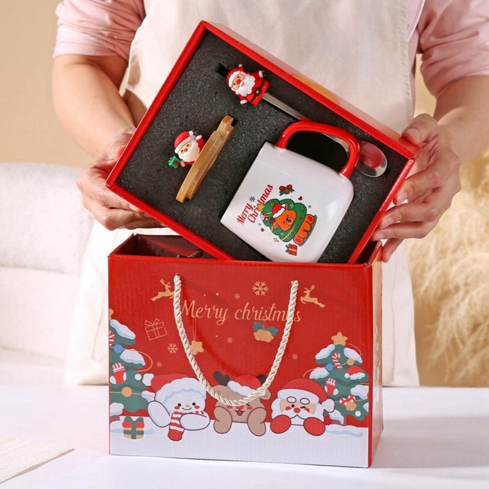 Merry Christmas Cup Spoon Set Wooden Lids Coffee Cup Teaspoon Cute Mug Gift Box  Home Use