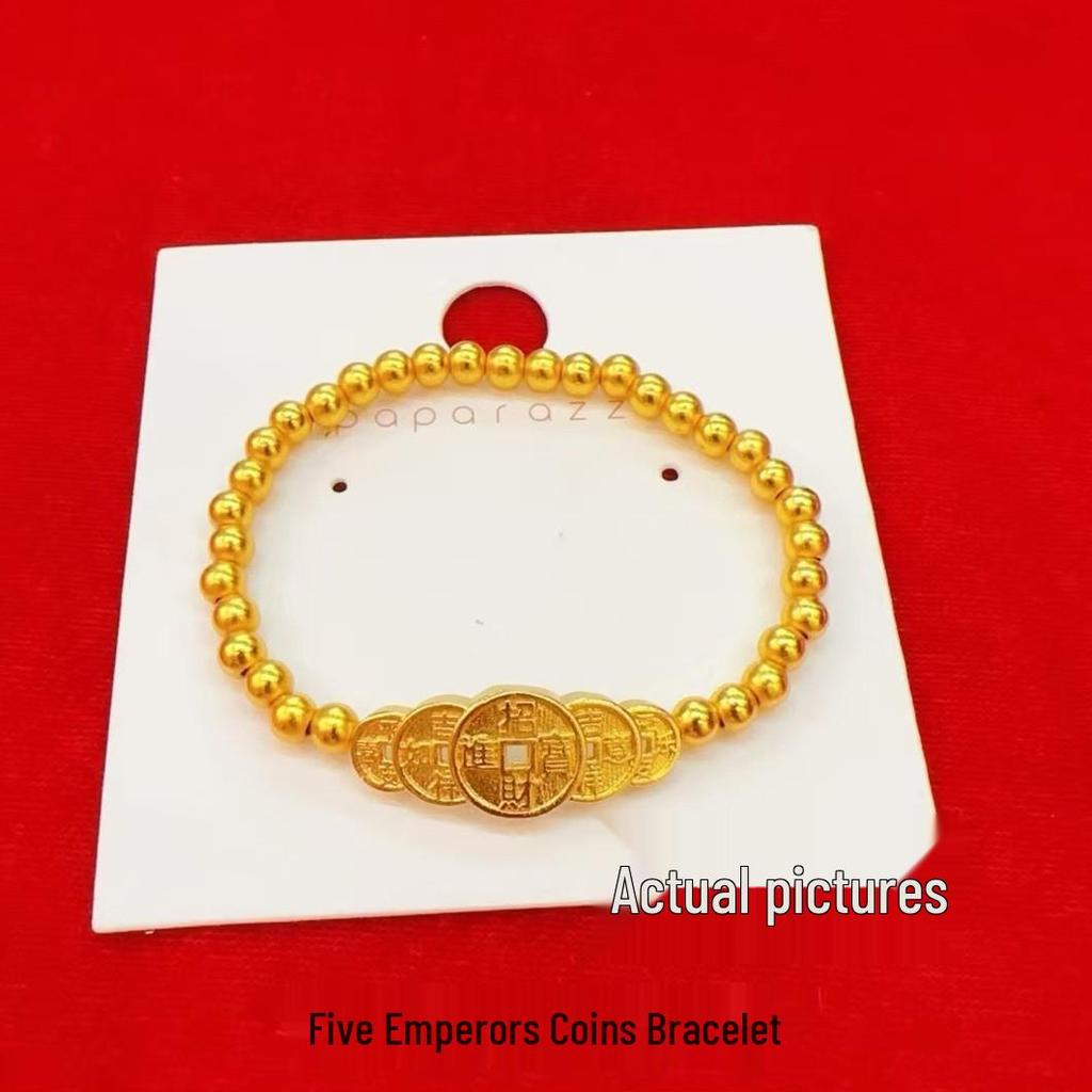 Armband med pärlor av Guld Fem Kejsare-mynt: Retro kinesisk lyx med lyckobringande ord Plakett