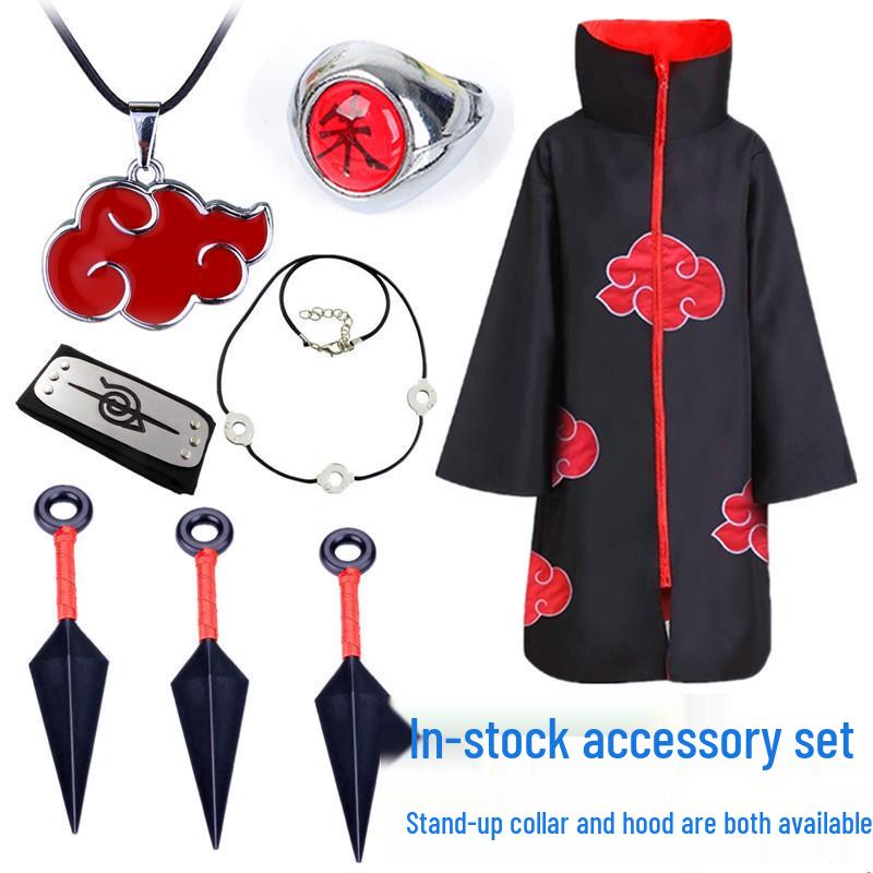 Set pláště Akatsuki s červenými mraky: Obsahuje plášť Naruto, prsten, doplňky čelenky - Ideální pro halloweenský kostým