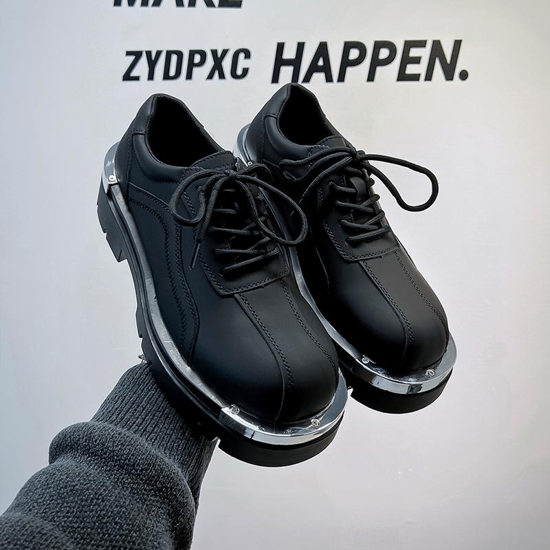 Luxury Drsign 2024 Spring New Black Leather Height Increasing Shoes For Men's Metal Toe Trim Fashion Street Casual Dress
