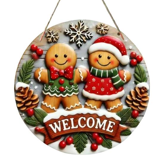 2D Merry Christmas Wooden Sign Red Black Plaid Gingerbread Man Wall Hanging Decor Front Door Porch Home Holiday Decorations